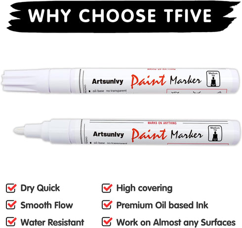 White Paint Pens marking pens Permanent Markers - 2 Pack Oil Based Waterproof Markers for Tire, Rubber,Wood, Rocks, Metal, Canvas,Plastic, Dark Su...
