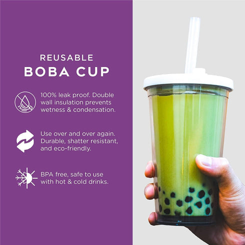 Reusable Boba Cup for Regular Size Bubble Tea (16 Oz), Angled Straws, Leak Proof Design, Double Wall Insulated Bubble Tea Cup...