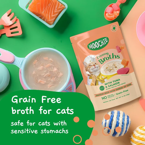 MOOCHIE Creamy Broth for Cats - Grain-Free - Made with Real Salmon & Tuna - No Artificial Flavors or Preservatives - 1.4 oz x 16 Pouches...