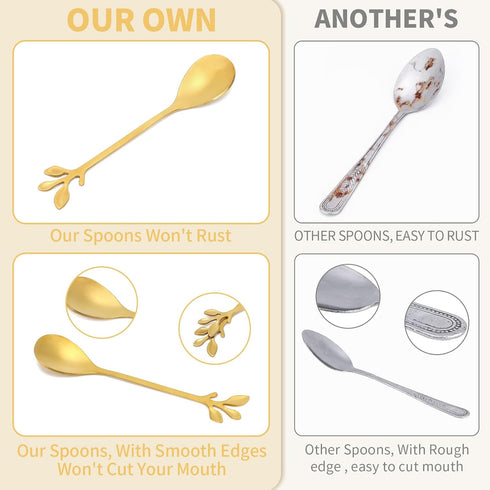 20 Pack Stainless Steel Leaf Coffee Spoon Tableware Dessert Spoons, Stirring, Mixing, Sugar, Stir, Ice Cream, Cake, Teaspoon 4.7 inch Gold...