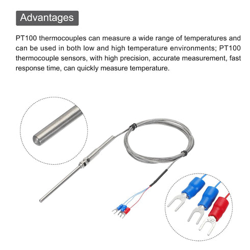 MECCANIXITY 2pcs PT100 RTD Thermocouple Stainless Steel M8 Temperature Sensor Probe -50 to 1300C 6.6ft 5x100mm...