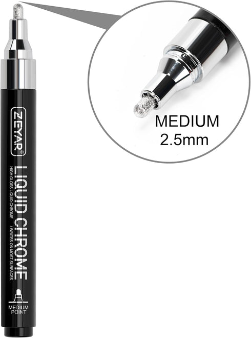 ZEYAR Liquid Chrome Marker Paint Marker, Shiny Silver Pen for smooth surfaces, High-gloss display effects, Medium Point, set of 3...