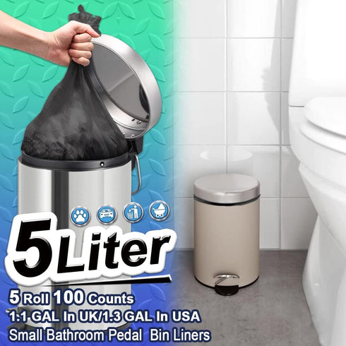 5Liter Small Bin Bags 100 Counts Bin Liners AOSULI 3-5L White Clear Trash/Garbage Bags for Office, Bathroom Pedal Bin,Bedroom Waste Bin,kitchen Fo...