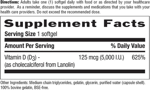 Country Life Vitamin D3 5000 IU for Immune and Bone Health, Calcium Absorption, and Colon Health - Sustainable Source from Lanolin, Available in V...
