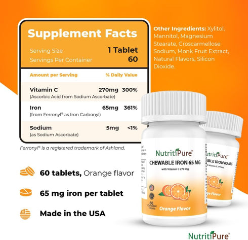 Chewable Iron 65 mg with Vitamin C 270 mg (for Women/Men) |60 Days Supply | No Sugar- Zesty Orange Flavor Supplement 60 Count...