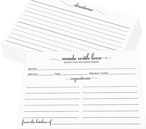 4x6 Recipe Cards for the Newlyweds, 100 Pack Double Sided Recipe Cards White Cardstock - Simple, Cute Made with Love Heart Design - For Bridal Sho...