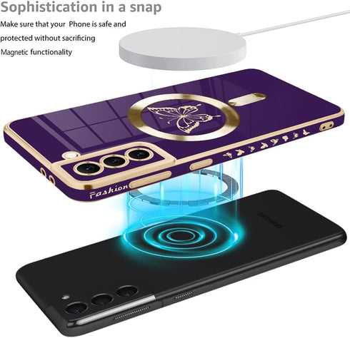 Fiyart Designed for Samsung S21 Compatible with Magnetic Wireless Charging,Cute Butterfly Phone Case with Camera Lens Protection for Women Girls M...