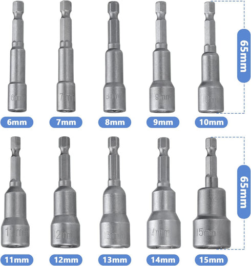 Mesee 10 Pieces 1/4 Inch Hex Shank Magnetic Power Impact Nut Driver Set Hex Socket Nut Setters Driver Drill Bits 6-15 MM Drive Wing Nut Driver Soc...