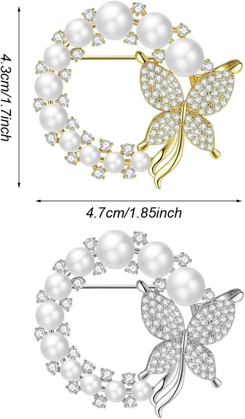 2 Pcs Butterfly Pearl Brooch Pin Wreath Brooch Safety Pin Wedding Bridal Brooches Women Crystal Rhinestones Brooch Collar Lapel Pin Badge for Dres...