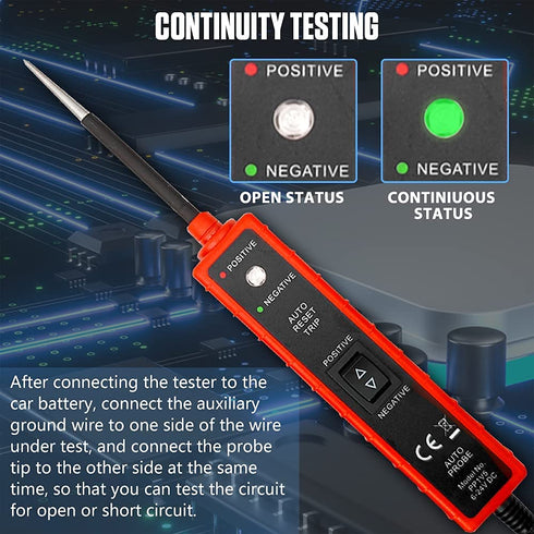 Power Circuit Probe Tester with Overload Protection and Component Activation, Polarity Identify Continuity Short Circuit Tester 6-24V with LED Tes...