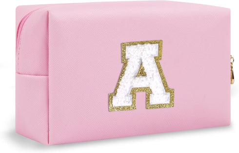 Personalized Initial Preppy Patch Makeup Bag, Small Travel Pink Cute Cosmetic Pouch Makeup Organizer Toiletry Zipper Pouch, Monogram Waterproof PU...