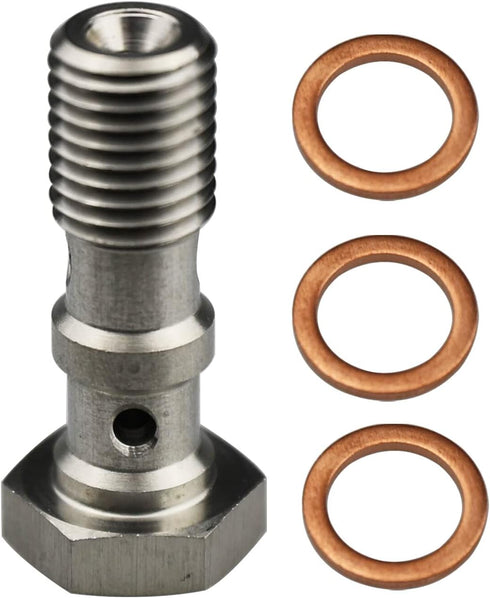 Universal Stainless Steel -3 AN 3/8" x 24 UNF Thread Turbo Brake Line Banjo Bolt with 3pcs Copper Washers, Double Banjo Bolt 31mm Length...