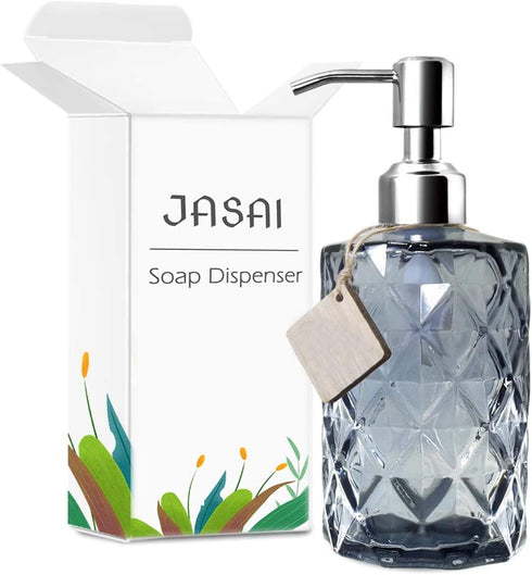 JASAI Diamond Design Glass Soap Dispenser with 304 Rust Proof Stainless Steel Soap Pump, 12 Ounce Kitchen Soap Dispenser for Bathroom, Hand Soap, ...