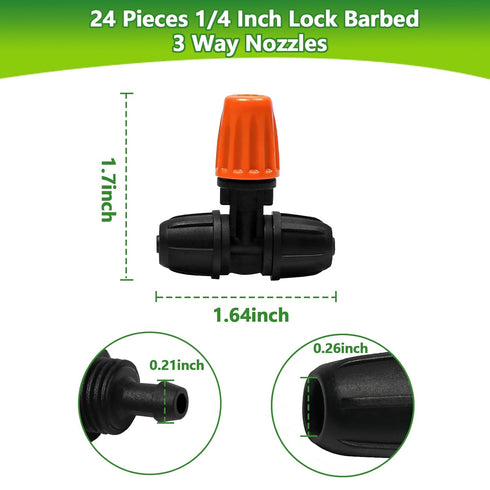 24 Pcs Upgraded Micro Spray Irrigation Drippers for 1/4" Drip Tubing, Adjustable Three-Way Atomizing Nozzle Irrigation Emitters Tee Misting Drippe...