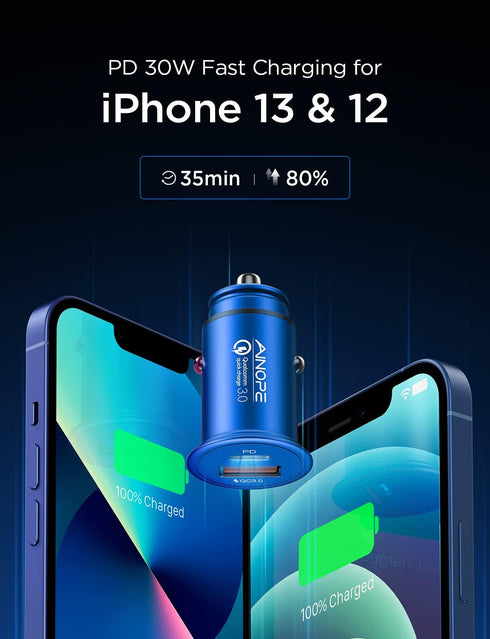 AINOPE 54W USB C Car Charger, Mini & Metal, Fast Charging, PD3.0 & QC3.0, Compatible with iPhone 13, 12, 11, Pro Max, XS, Samsung S22, Note20, iPa...