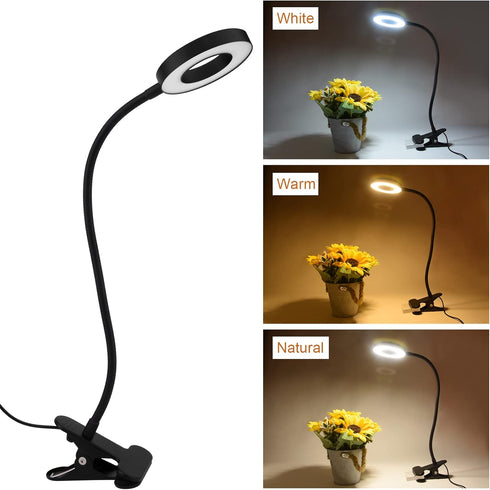 LED Clip On Light Reading Light, 10 Dimmable Brightness Gooseneck Clamp Desk Ring Light with Metal Bookmark for Reading Makeup Bedside (Size:Lamp+...