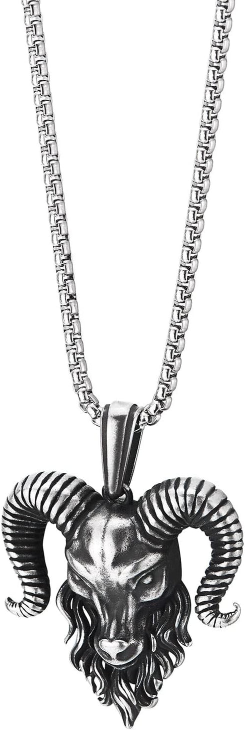 COOLSTEELANDBEYOND Mens Steel Goat Head Pendant Necklace, Vintage Big Horn Aries Ram Goat Head, 30 Inches Wheat Chain...
