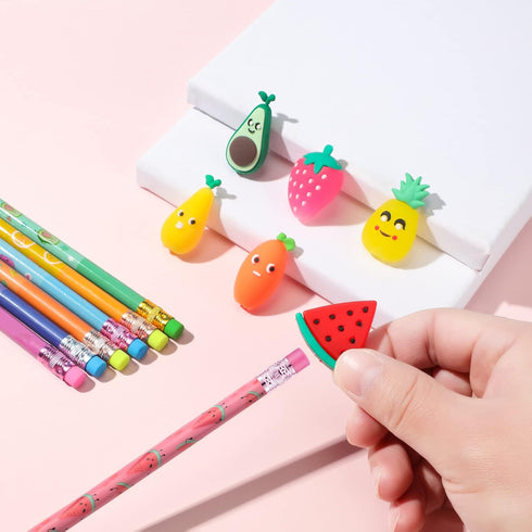 Leinuosen 30 Pieces Scented Pencils Fun Pencil with 12 Eraser Cartoon Pencil Toppers Fruit Pencil Toppers with Pencil Toppers Lovely Wood Pencil w...