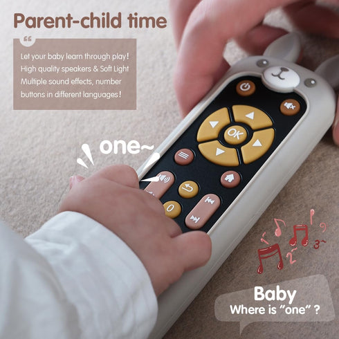 Nueplay Baby TV Remote Control Toy with Silicone Teether Cover, Toddler Realistic Controller, Early Number Learning in 3 Languages (English, Spani...