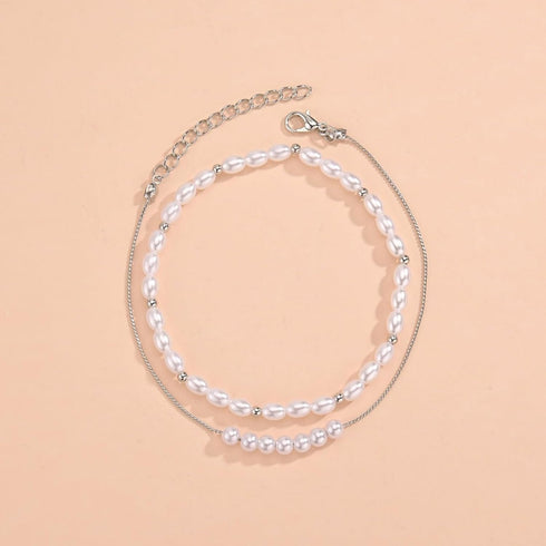 Boho Pearl Ankle Bracelet for Women Girls, Silver Double Layered Pearl Beaded Anklet Beach Foot Chain Jewelry Gifts...