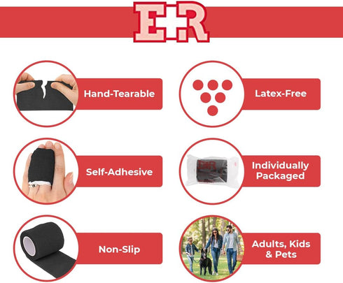 Ever Ready First Aid Self Adherent Cohesive Wrap Bandages, 2” x 5 Yards for First Aid, Sprains, Swelling, Sports, Pets, Black Color – 12 Count...