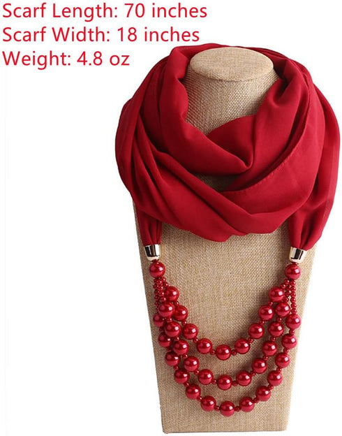 Vintage Chiffon Scarf For Women Imitation Pearls Pendant With Necklace Soft Winter Neck Wrap Infinity Scarves...