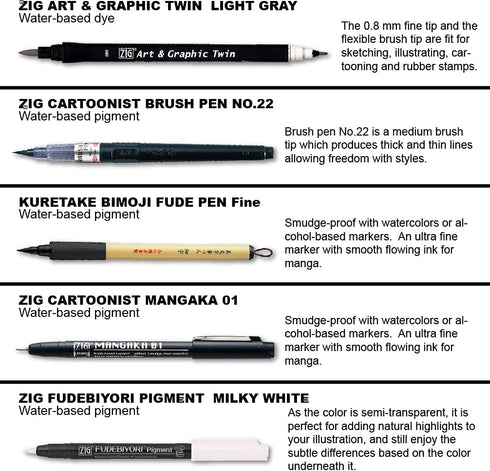 Kuretake Zig Inktober Special Set, Illustration Basic Set 2, 4 Black Markers and 1 White Brush Pen, for Manga Drawing, Lettering and Calligraphy, ...