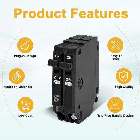 THQP220 Circuit Breaker, THQP220 2Pole Breaker,120/240V 20 Amp 10kAIC,Plug-in Mounting Type,includes Current limiting System, Protect Circuit Safe...