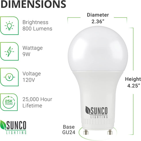 Sunco Lighting 2 Pack GU24 LED Bulbs 2 Prong A19, CRI91 5000K Daylight, 9W Equivalent 60W, CFL Replacement 800 Lumens, Super Bright Dimmable, Twis...