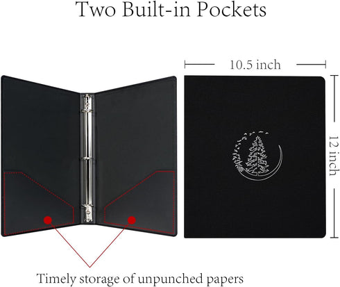 3 Ring Binder 1 Inch Round Rings Durable Binder with Linen Cover Holds 8.5 x 19 inch Paper for School Office and Home, Moon Tree Black...