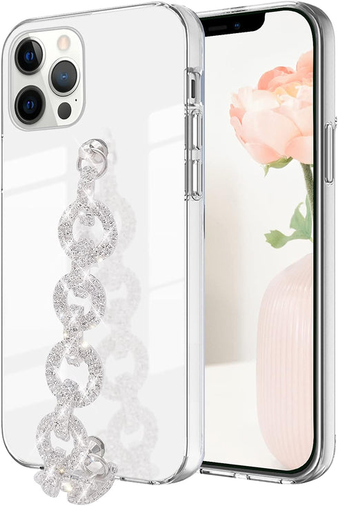 Bonitec Compatible with iPhone 12 Pro Max Case Clear Bracelet 3D Glitter Sparkle Bling Strap Luxury Shiny Crystal Rhinestone Diamond Silver Chain ...