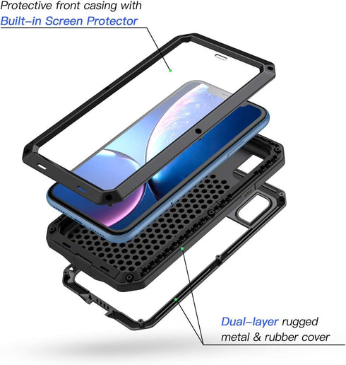 Lanhiem iPhone XR Metal Case, Heavy Duty Shockproof Case with Built-in Glass Screen Protector, Rugged Full Body Protective Cover, Black...