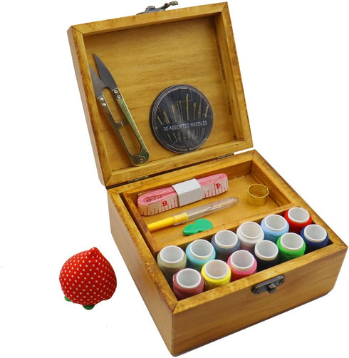 Flytreal Sewing Kit Small Box Basket, Wooden Hand Home Sewing Repair Tool Kit, Beginner Universal Sew Kit Accessories for Women, Men, Adults, Girl...
