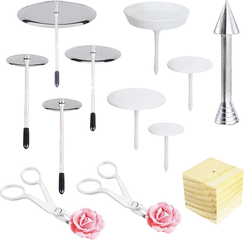 12 PCS Cake Decorating Supplies, Woohome 8 PCS 2 Style Cake Flower Nail, 2 PCS Flower Lifters and 1 PCS Wood Flower Nails Holder, 1 PCS Cake Icing...