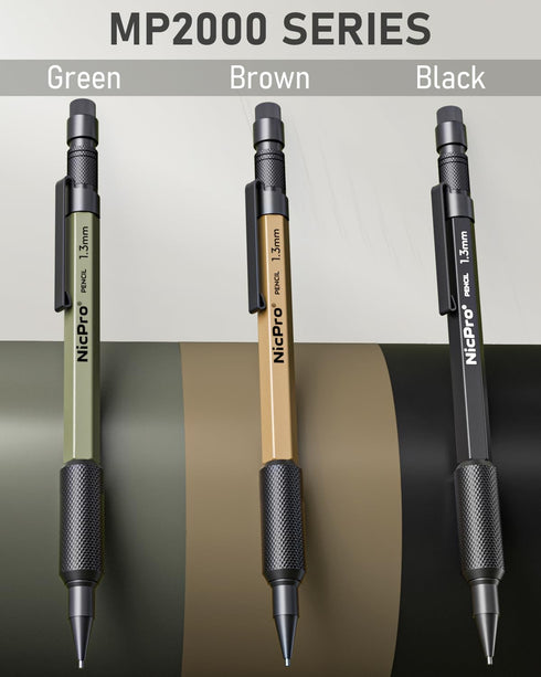 Nicpro 3 PCS 1.3 mm Mechanical Pencil Set 3 Colors with 36 Lead Refill, 3 Eraser - Weatherproof Metal MP2000 Heavy Duty Carpenter Pencil for Outdo...