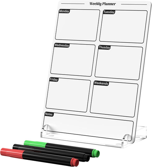 Acrylic Planning Board with Storage Base, Mini Whiteboard for Desk, Small Dry Erase Board with Weekly Planner Menu, Reusable Desk Notepad for Home...