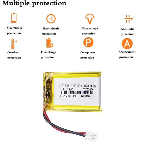 3.7V 702535 600mAh Lithium Polymer ion Battery Rechargeable Polymer Battery Pack with JST 2.0mm Connector...
