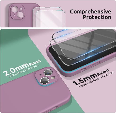 SURPHY Designed for iPhone 15 Case with Screen Protector and Lanyard, Phone Strap and Liquid Silicone Phone Case (Camera Protective + Soft Microfi...