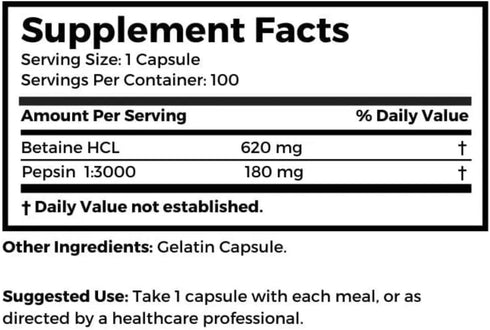 Dr. Clark Betaine HCL Supplement with Pepsin, 800mg, 100 Gelatin Capsules...