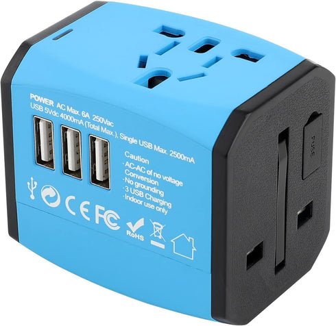 JIYHF International Travel Plug Adapter, Mobile Phones Charger All-in-One International Plug Adapter with 3 USB Ports and 1 AC Socket Adaptor for ...