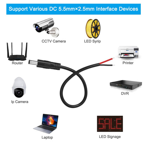 3Packs DC Power Pigtail Cable,DC Barrel Plug Connector 2.1mm x 5.5mm DC Male Plug to Bare Wire Open End Power Wire Supply Repair Cord for CCTV Sec...