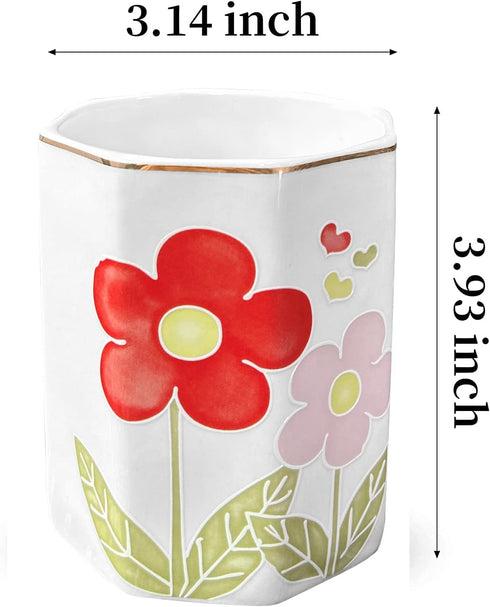 Pen Holder for Desk, Ceramic Makeup Brush Holder for Women,Gold 3D Engrave Retro Floral Flowers Design Love Hearts Pencil Holder Desktop Desk Orga...