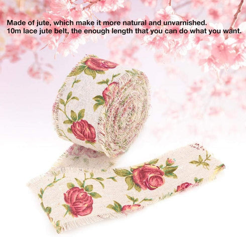 Burlap Ribbon, 32.8ft Long x 2.0in Wide Rose Flower Printed Burlap Ribbon Hessian Jute Belt Strap Wedding Cloth Decoration...