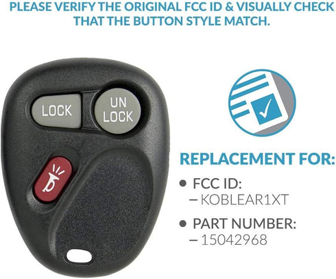 Keyless2Go Replacement for Keyless Entry Car Key Fob Vehicles That Use 3 Button KOBLEAR1XT 15042968 Remote, Self-Programming - 2 Pack...