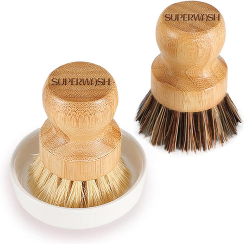 Bamboo Dish Brush with Ceramic Dish, Natural Bristle Palm Brush Pot Scrubber for Cast Iron Pans Vegetables and Kitchen Sink Cleaning - 2 Pack...
