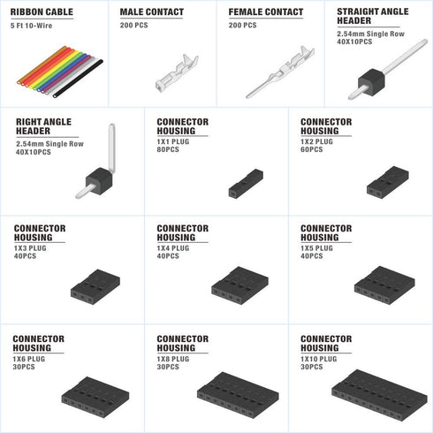 IWISS 1550PCS 2.54mm Pitch Wire-to-Wire Dupont Connector Kit, Includes Pin Headers, Jumper Wire, Crimp Pins for RC Servo, Arduino, SMT, SATA, EPS,...