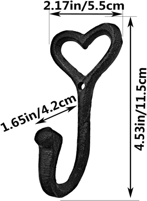 ZEYU Heavy Duty Coat Hooks, 4pcs Cast Iron Love Heart Shape Wall Hooks for Hanging Coats, Black No Rust Hooks for Scarf, Bag, Towel, Key, Cap, Cup...