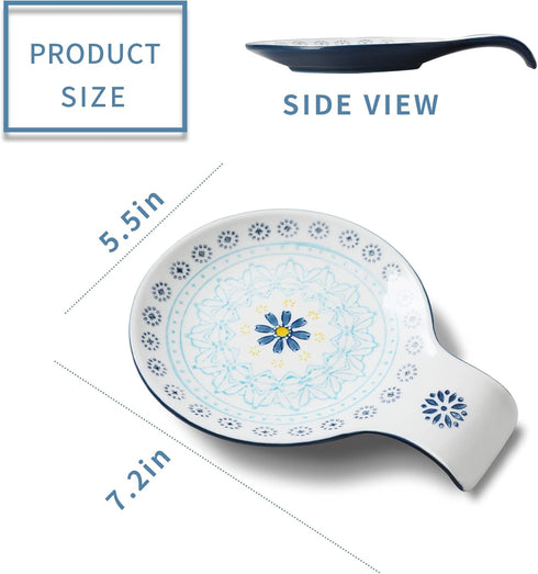 Hand Painted Spoon Rest, 5.5" Ceramic Spoon Holder for Stove Top and Kitchen Counter, Blue Pattern Utensil Rest, Great Cooking Gifts for Friends, ...