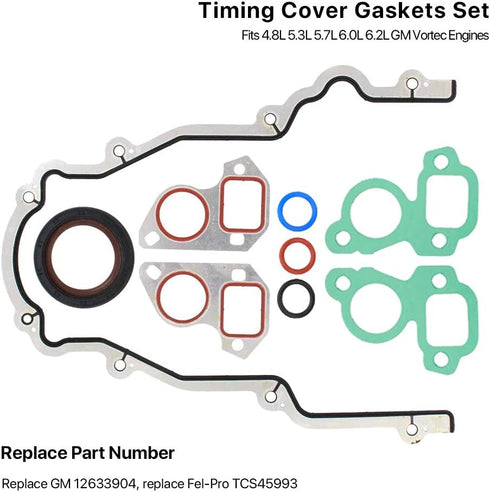 Timing Cover Gasket Set - Compatible with 4.8L 5.3L 5.7L 6.0L 6.2L Chevy Silverado, Suburban, Tahoe, GMC Sierra, Yukon, Savana, Cadillac Escalade ...