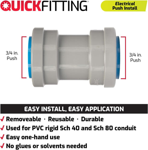 QuickFitting 3/4 inch Conduit Coupling | Push Install PVC Electrical Conduit Fitting | for Rigid Sch 40 and Sch 80 PVC Conduit | 10-Pack Liquid Ti...